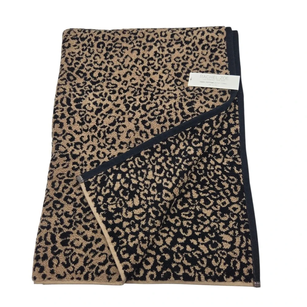 Rachel Zoe Leopard Cheetah Print Cotton Bath Towel 30x56 Black Ginger  Reversibl